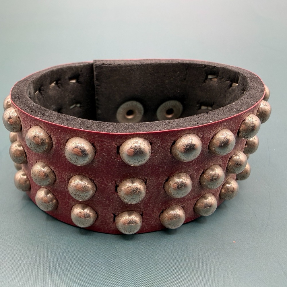 Burgundy Leather Look Studded Cuff Bracelet Silver Tone Dome Punk Rock Biker